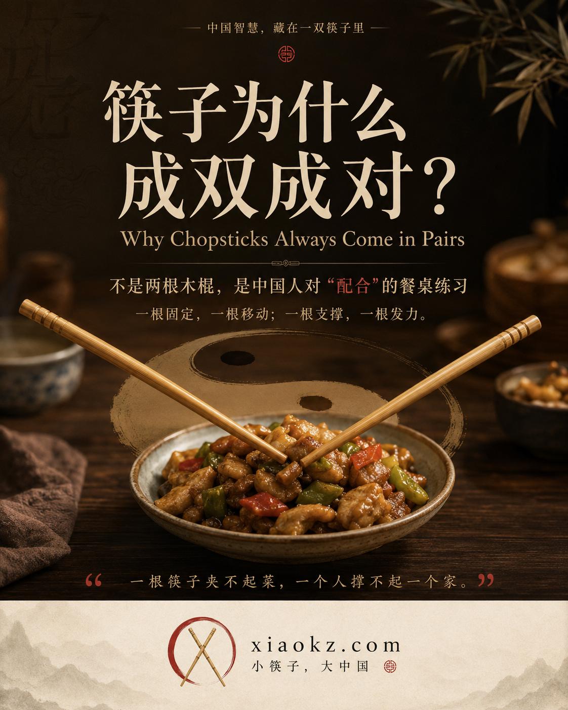 信息图:阴阳与筷子——两根筷子,一根动(阳)、一根静(阴),合在一起,才夹得稳