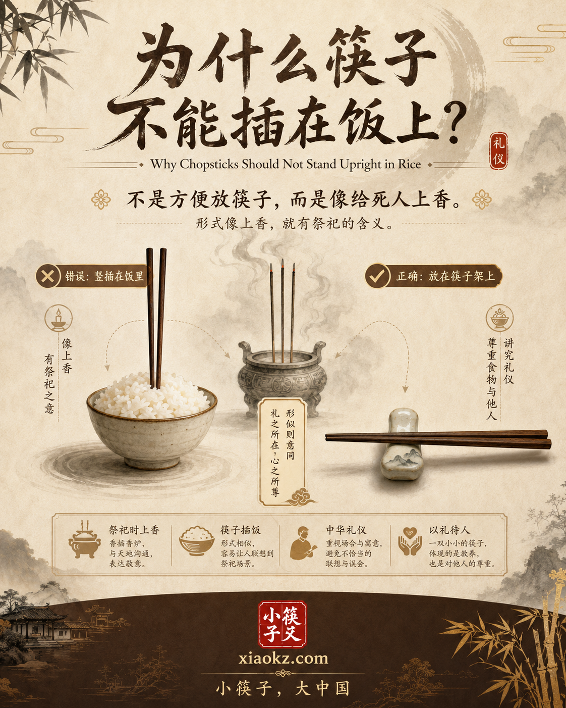 信息图：筷子不能插在饭里的礼仪——在中国，立着的筷子像香炉，是祭死人的仪式