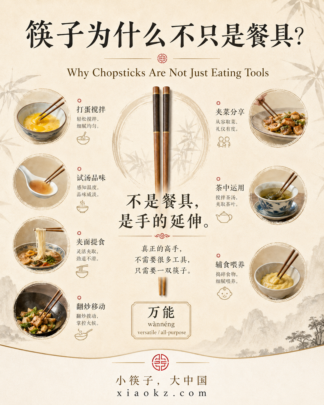 信息图:筷子为什么不只是餐具——打蛋搅拌、试汤品味、夹面提食、翻炒移动、夹菜分享、茶中运用、辅食喂养——七种筷子的妙用