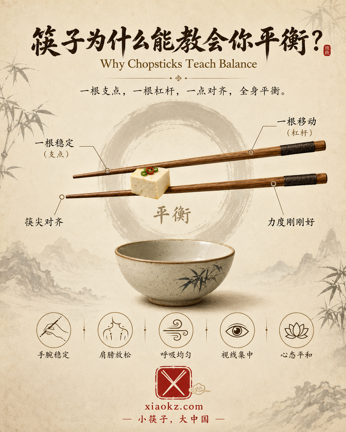 信息图:筷子教你平衡——一根支点,一根杠杆,一点对齐,全身平衡。手腕稳定、肩膀放松、呼吸均匀、视线集中、心态平和
