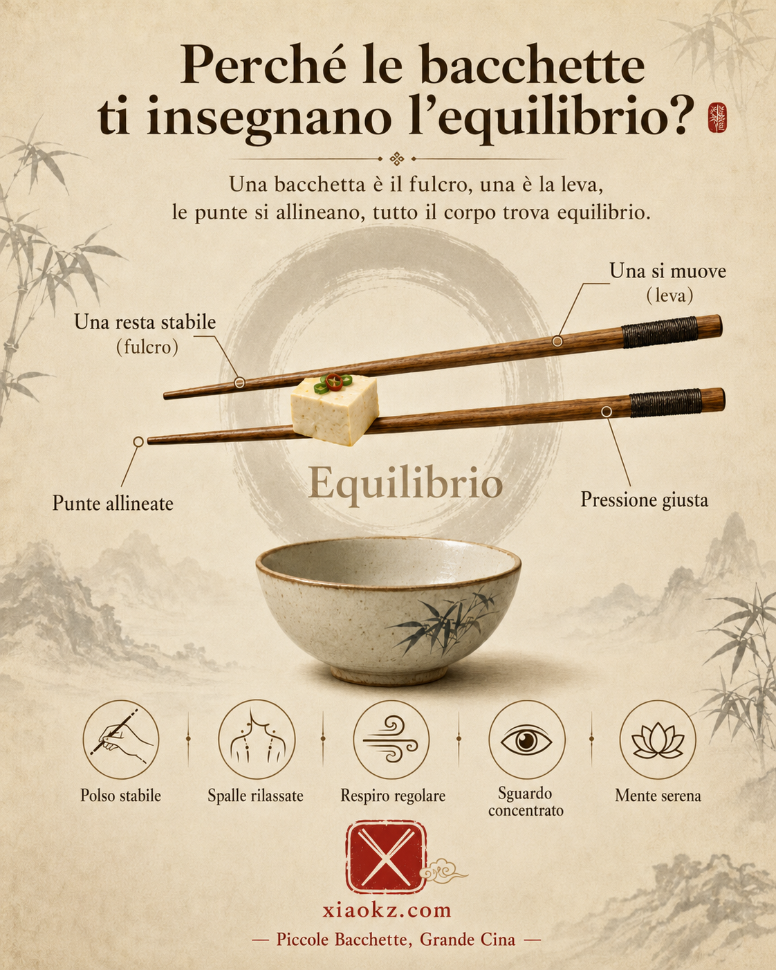 Infografica: Perché le bacchette ti insegnano l'equilibrio — un fulcro, una leva, punte allineate, tutto il corpo in equilibrio. Polso stabile, spalle rilassate, respiro regolare, sguardo concentrato, mente serena.