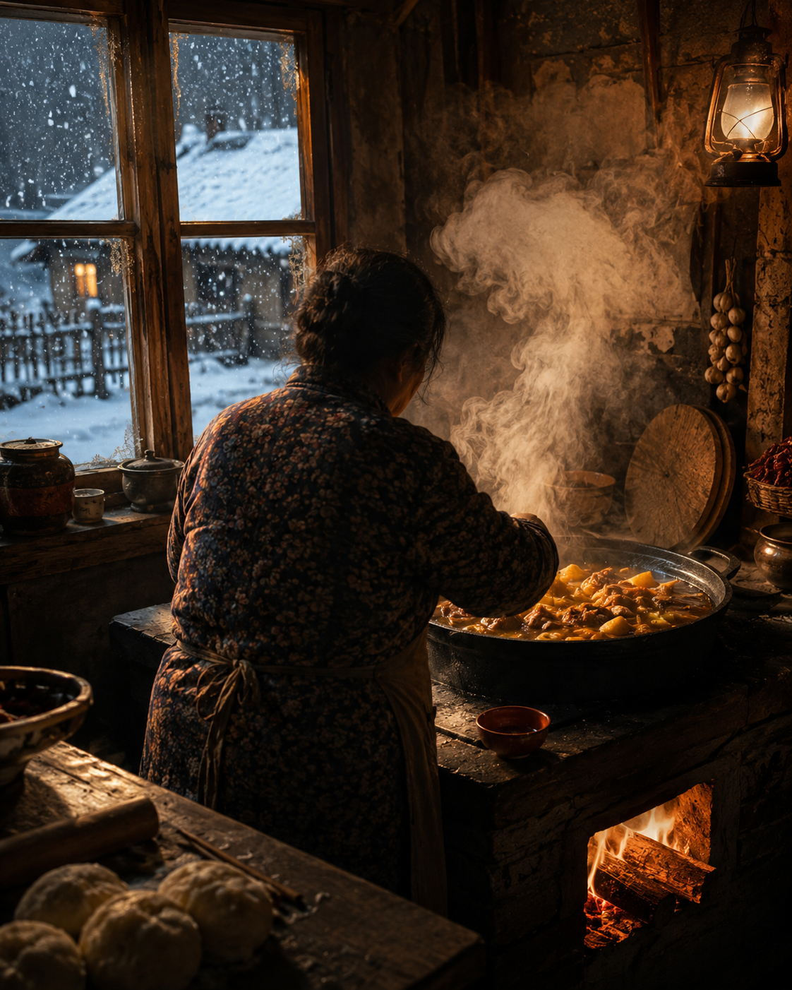 东北老家的雪夜厨房里，母亲站在灶台前炖菜，火光映照着她的背影，窗外大雪纷飞